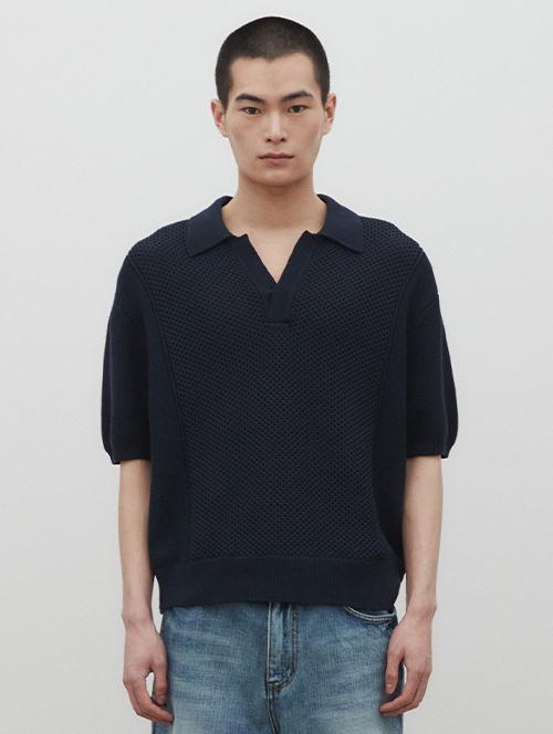 Le Mad Open Collar Waffle Half Knit - Dark Navy [See Detailed Description]/2 Size