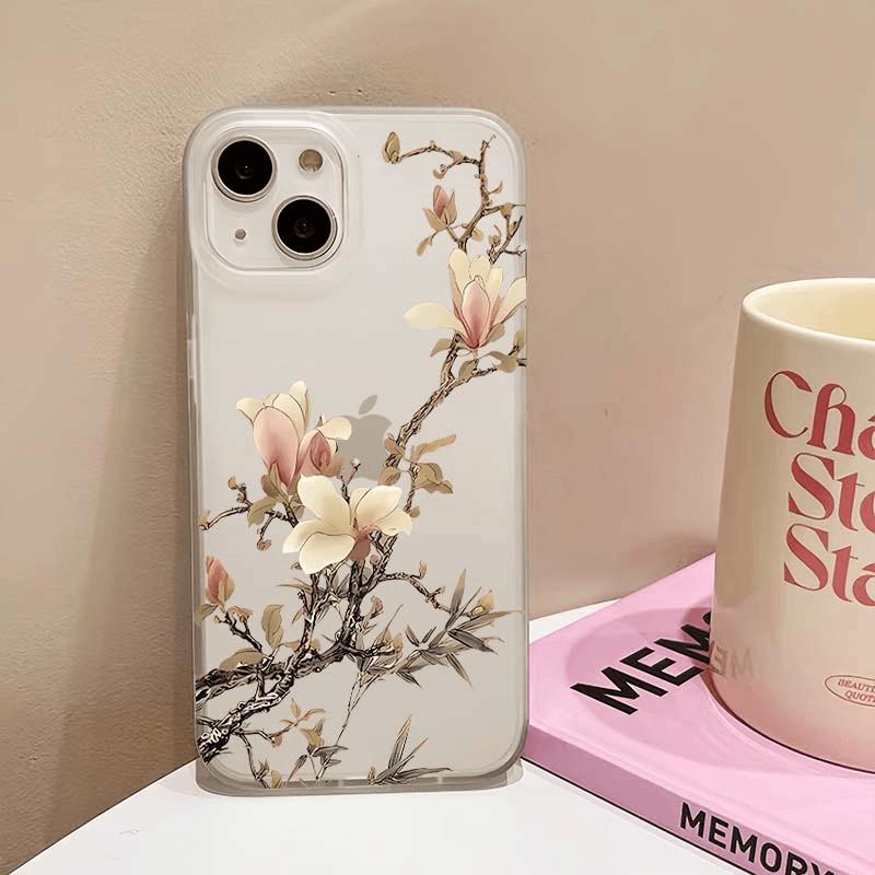 Magnolia Flower Phone Case For IPhone 17 16 15 14 Plus 13 12 11 Pro Max 17 Air Frosted Chinese Ink Painting Aesthetic Soft Cover