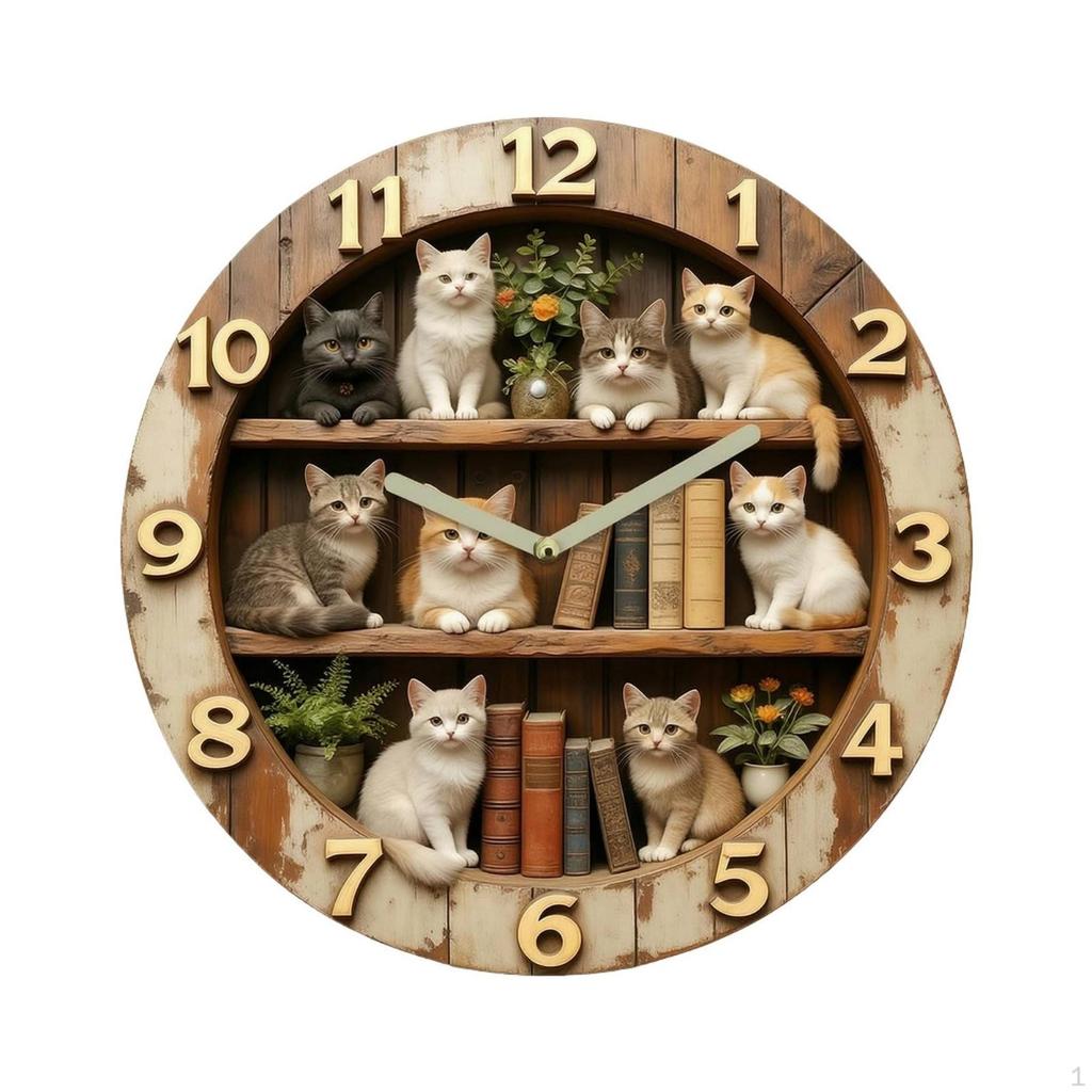 Katzenmotiv Wanduhr Holzoptik mit arabischen Ziffern Rustikal für Buchliebhaber, Wohnzimmer,