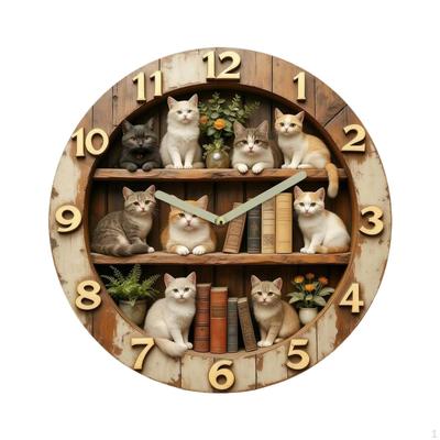 Katzenmotiv Wanduhr Holzoptik mit arabischen Ziffern Rustikal für Buchliebhaber, Wohnzimmer,