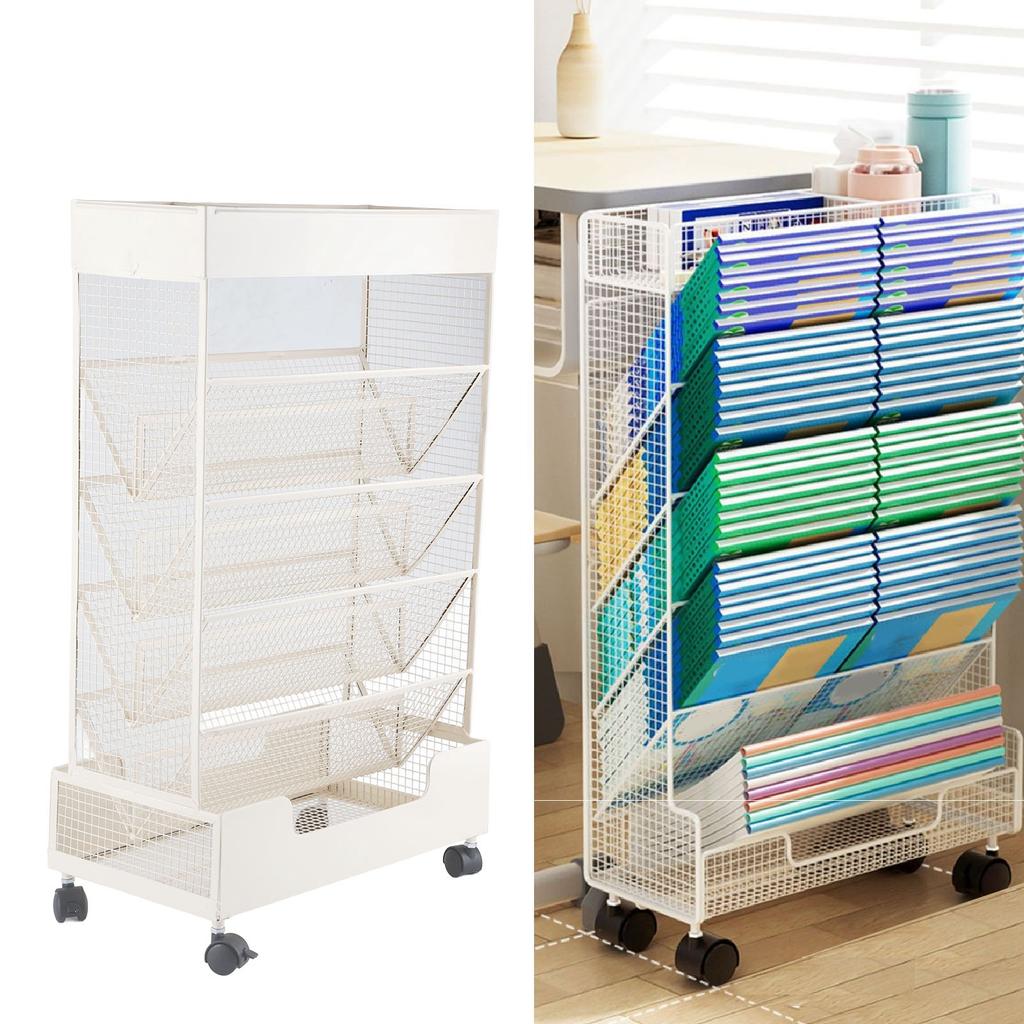 Metal Movable Bookshelf 6 Tier 20KG Load Bearing Large Capacity Rust Prevention Bookshelf with Wheel