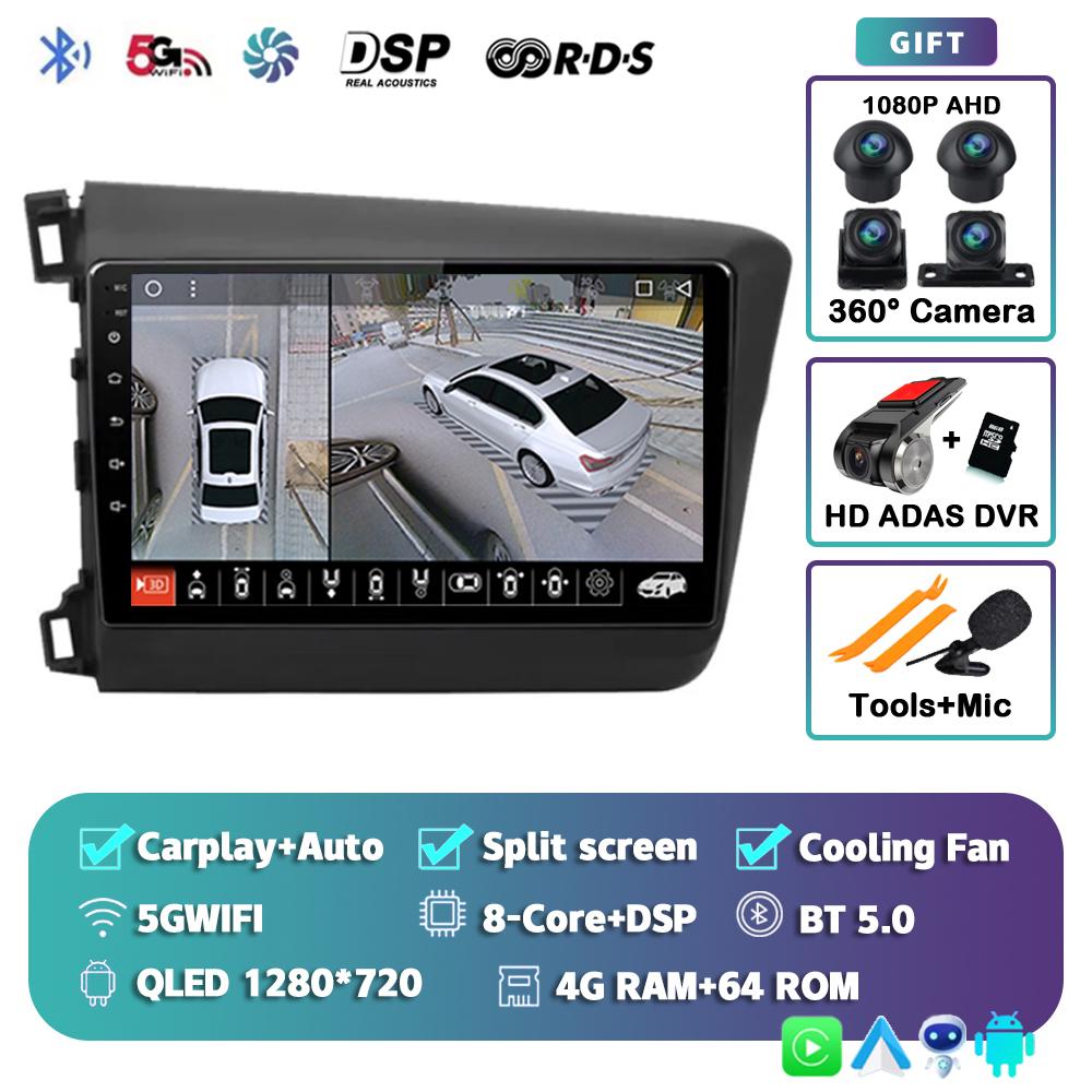 Android 14 Carplay Auto WIFI+4G Car Radio For Honda Civic 2012 2013 2014 2015 Multimedia Player Stereo GPS Head Unit No DVD 2Din