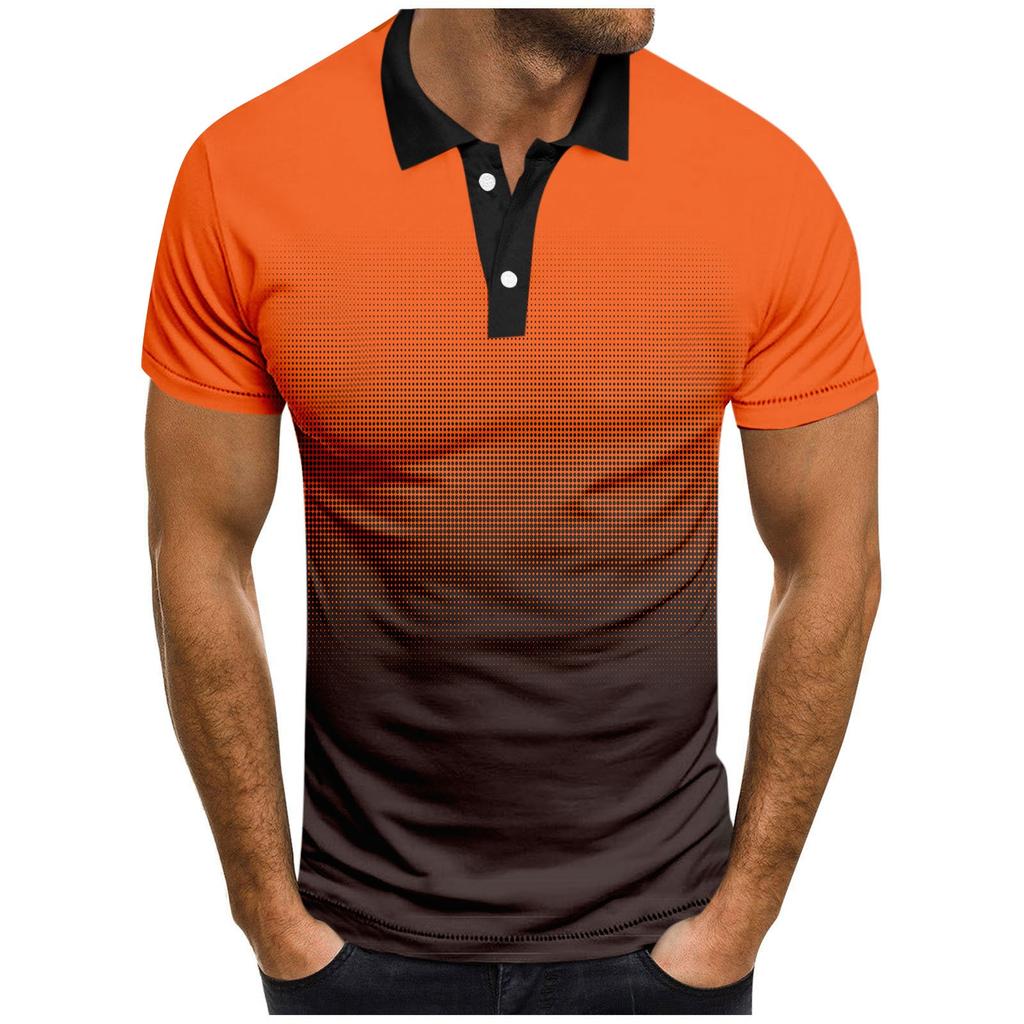 Men's Fashion Casual Short Sleeve Gradient Printed Lapel T-Shirt Tops
