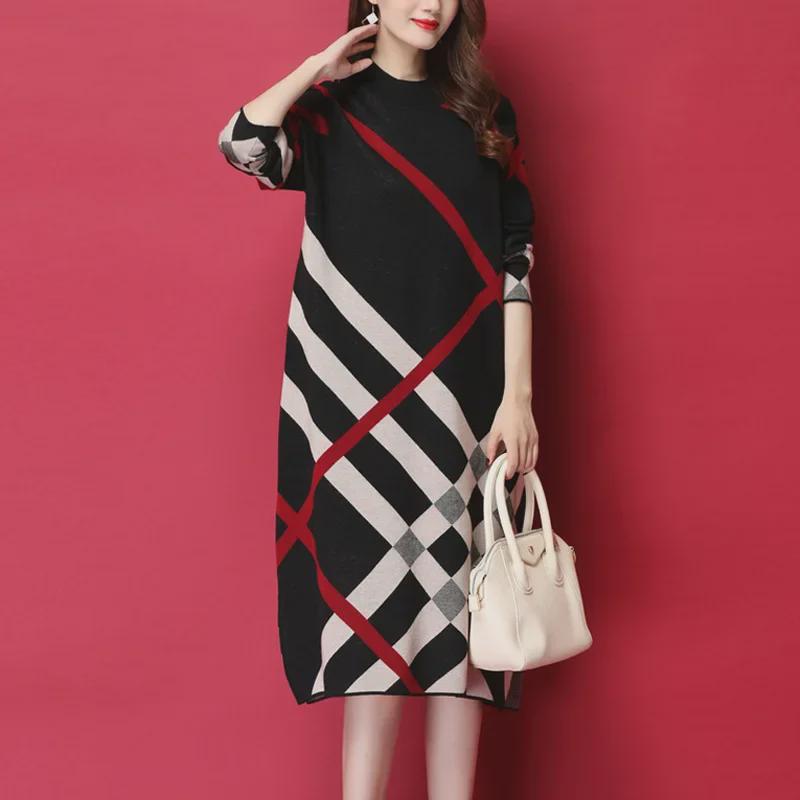 2025 Damen Lockerer Midilanger Karierter Strickpulloverkleid für Herbst/Winter