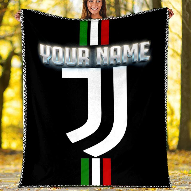 1pc Personalized Name Juventus Theme Blanket - Digital Print, Polyester, Cozy for All Seasons, Perfect for Outdoor, and Travel