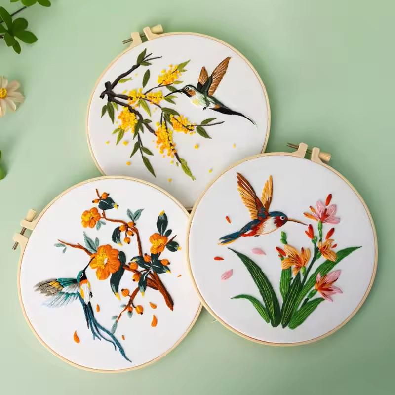 Diy Handmade Embroidery Material Kit Hummingbird Kingfisher Flower Bird Flying Bird Fabric Embroidery Kit For Beginner Adult