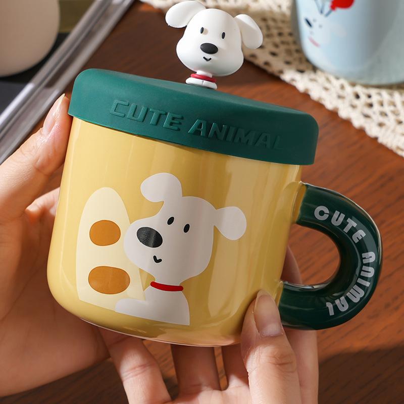 Small Gift with Cover Spoon Ceramic Cup for Girls Couples Home Suit Home Cartoon Mug High Appearance Large Capacity