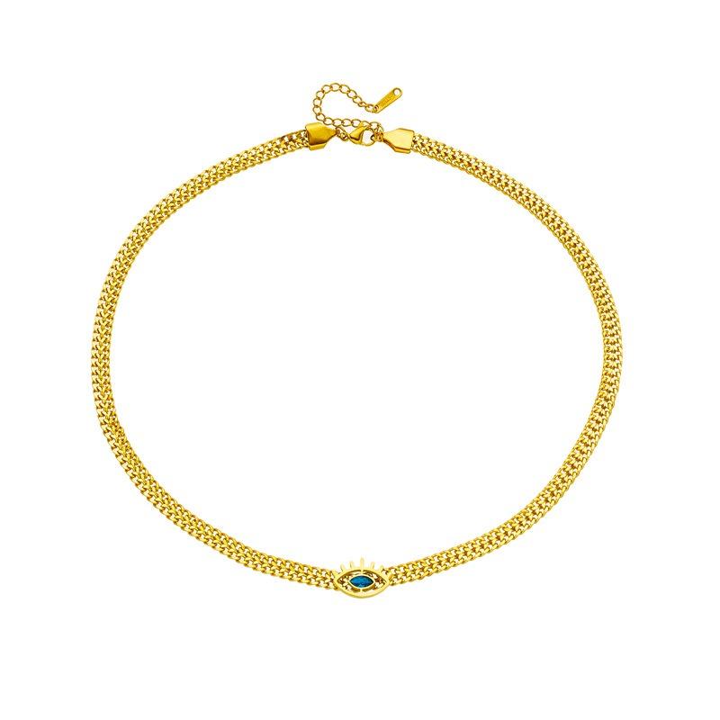 Gold Plated Evil Eye Pendant Necklace, Stainless Steel Cuban Chain Choker, Waterproof Blue Eye Jewelry for Women Gift