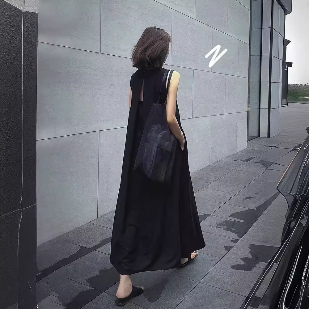 Round Neck Vocation Vest Dresses Hollowed Out Open Back Long Dress Summer Sleeveless Dress  Teens