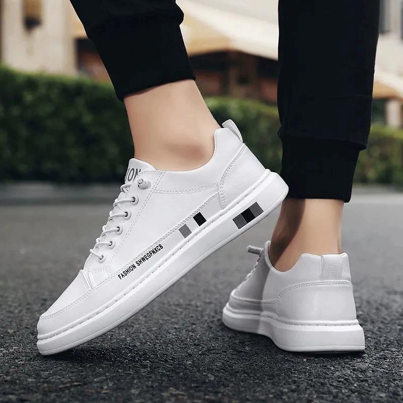Men Casual Sneakers Breathable Fashion White Slip On Lightweight Leather Shoes Comfortable
