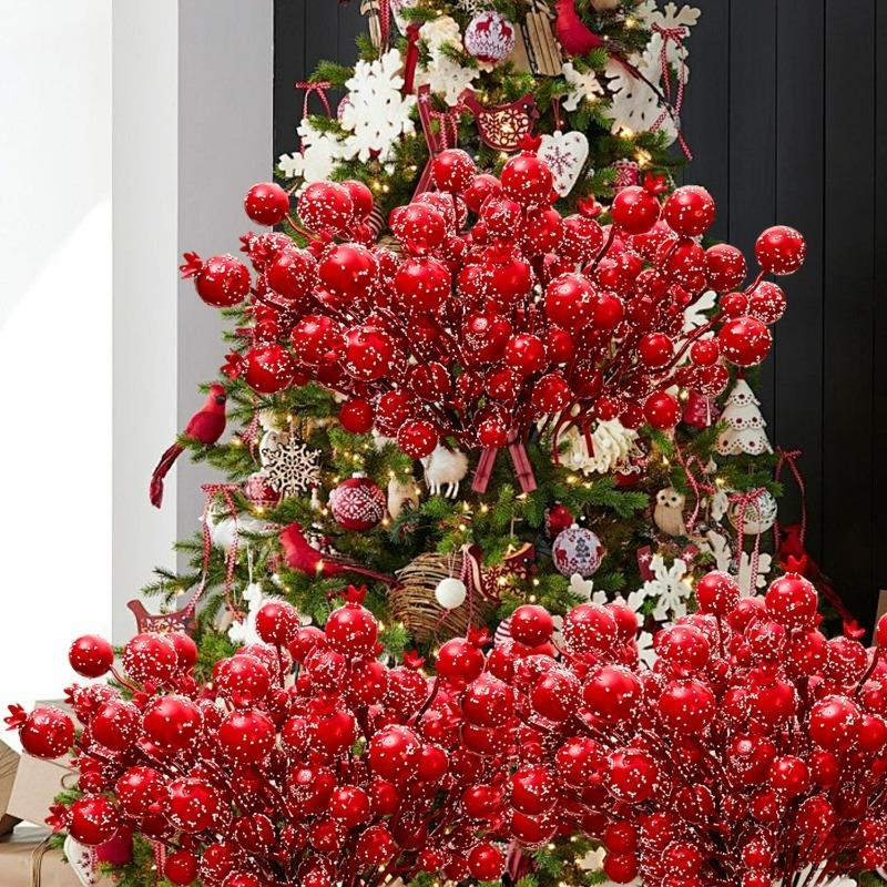 Red Christmas Artificial Berry Stems Xmas Tree Fake Flowers Ornaments DIY New Year Snow Wreath Crafts Berries Decoration