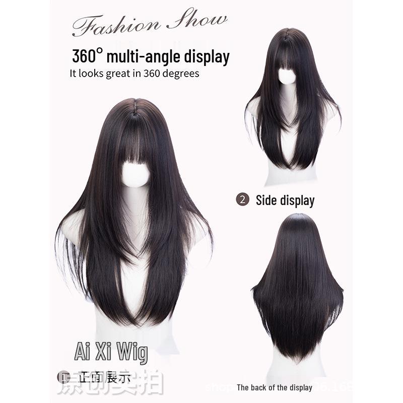 Long Straight Black Tea Lolita Wig for Women with Full Bangs and Natural Scalp