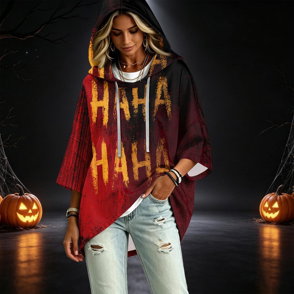 Women's Casual Halloween Print Three-Quarter Sleeve Hooded Pullover Top