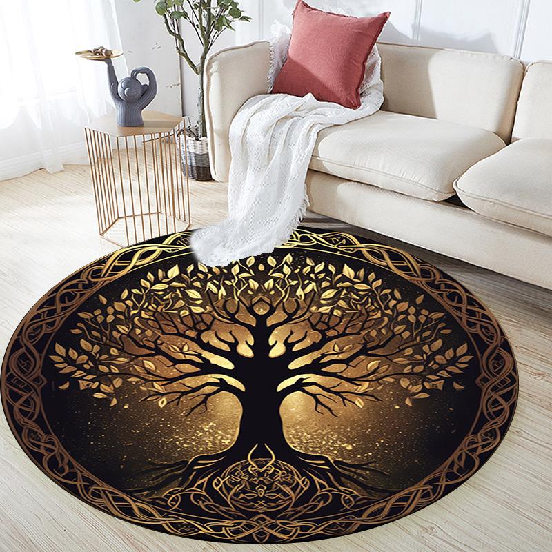 Golden Tree Round Area Rug,Carpet Rug for Living Room Bedroom Sofa Playroom Decor,Non-slip Floor Mat