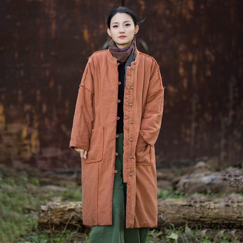 Johnature Women Vintage Winter Stand Long Sleeve Warm Button Chinese Style Coats Pockets Coats