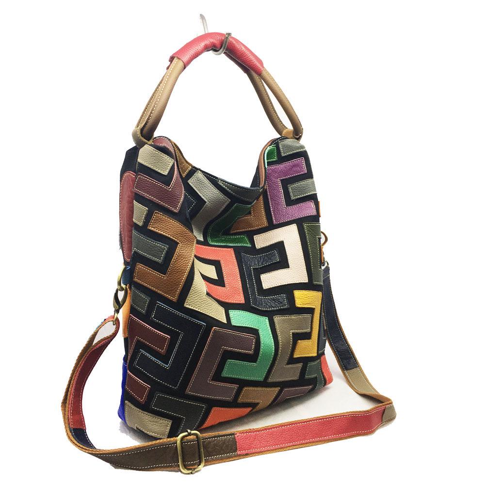 New Women's Bag, Color Blocked Leather Cowhide Shoulder Bag, Hand Stitched Graphic Shoulder Crossbody Bag, Women's Bag
