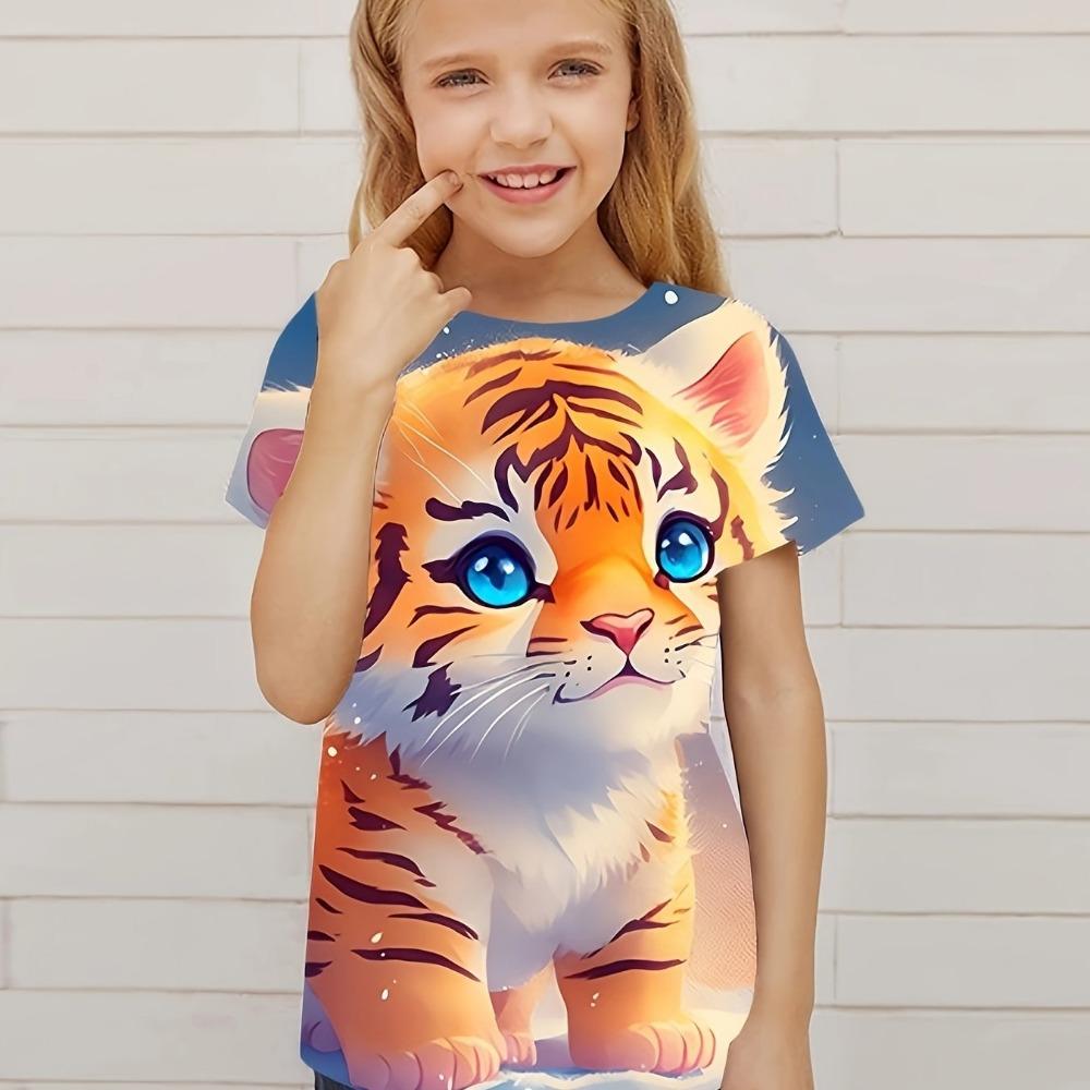 Children's Clothing Cute 3D Cat Graphic Print Short Sleeve Tops Casual Pullover  Boys Girls Summer