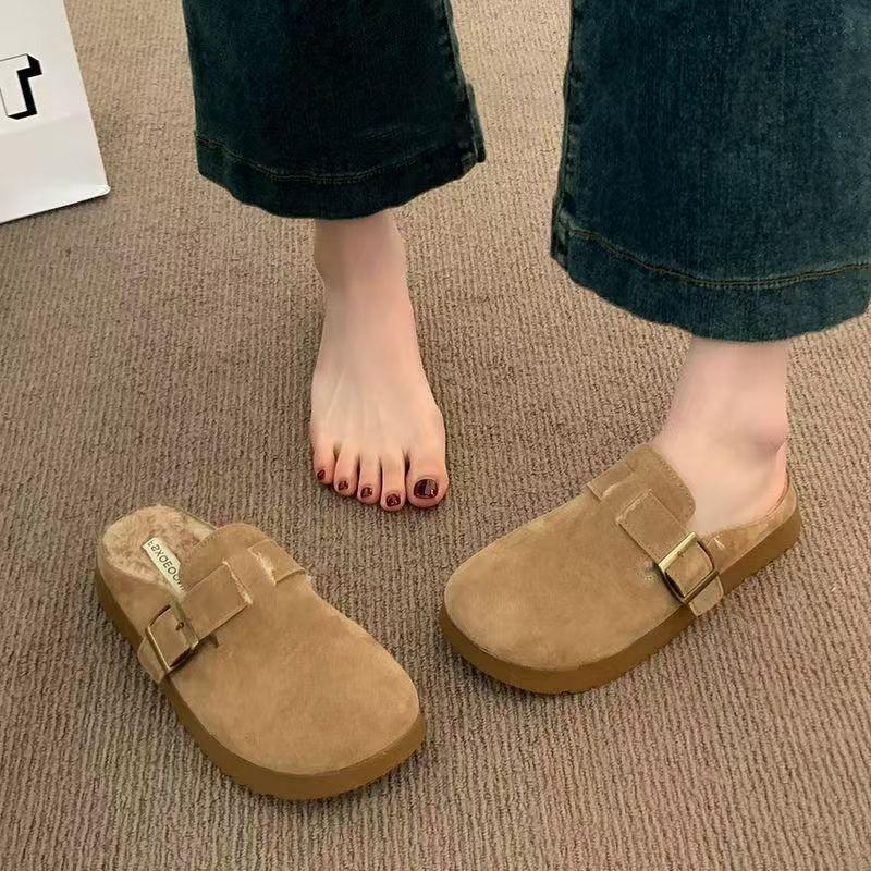 Women's Belt Buckle Soft Bottom Large Size Thickened Winter Warm Fur One Padded Lining Ankle Boots Non-slip Baotou Cotton Half Slippers