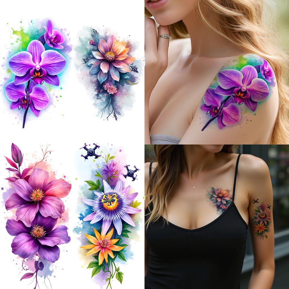12pcs Temporary Tattoo Orchid Tattoos Waterproof Long-lasting Body Stickers Floral Tattoos Colorful Tattoos Watercolor For