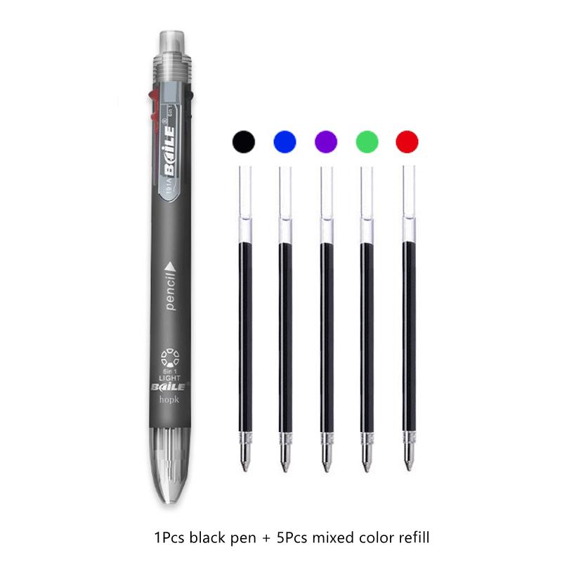 6 in 1 Multifunctional Pen 0.7 mm Ballpoint Pen 5 Colors and 0.5 mm Mechanical Pencil in One Pen for School Office Supplies