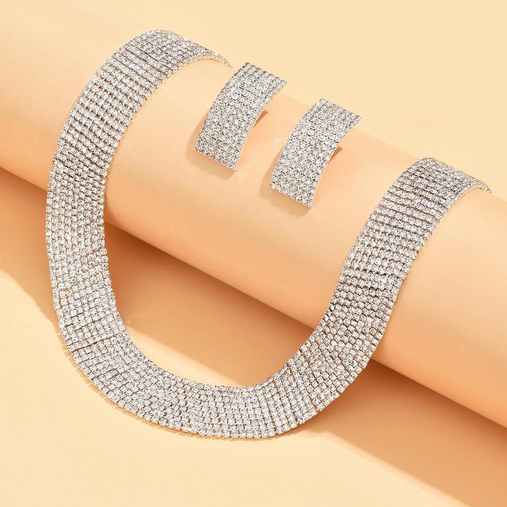 Set Colier, Cercei, Brățară și Inel cu Strasuri Exagerate de Înaltă Calitate pentru Fotografie de Nuntă