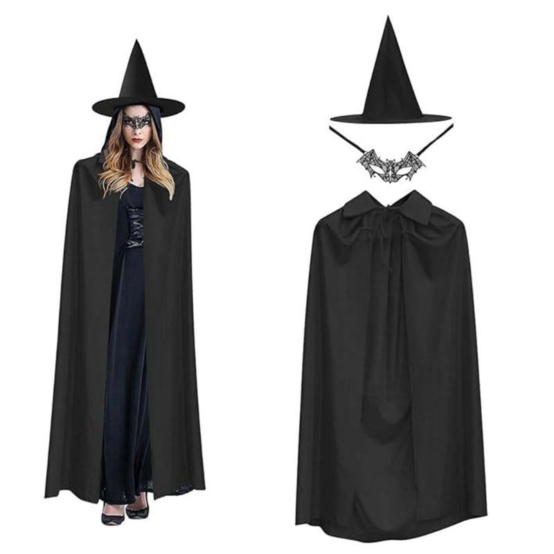 Women Witch Hat with Witch Cloak Lace Eye Mask Women Witch Cosplay Accessory Adult Halloween Costume for Masquerade