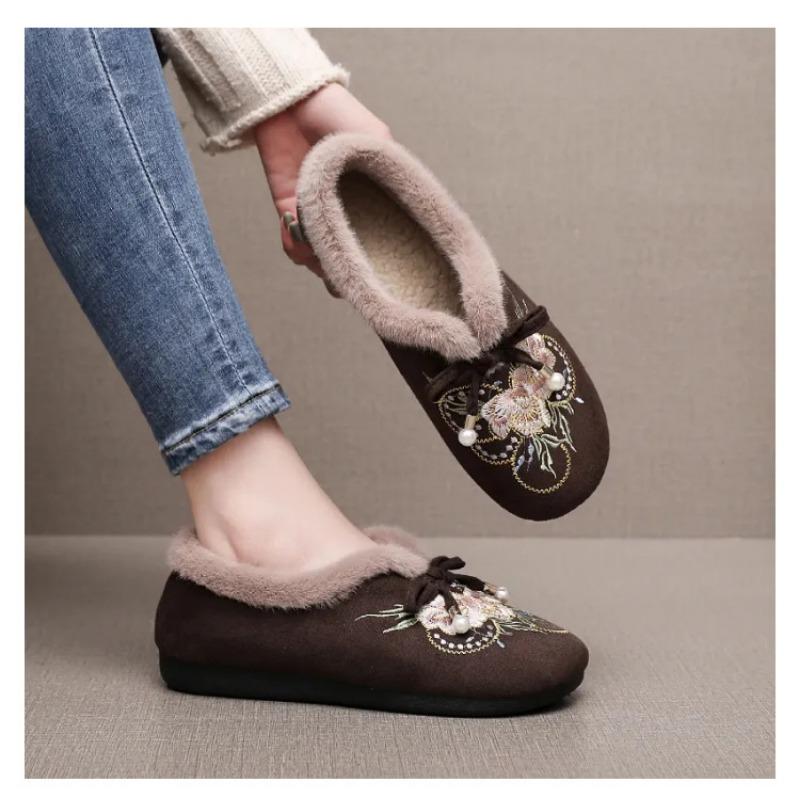 Womens Embroidered Fleece Lined Warm Ethnic Style Casual Flat Cloth Shoes