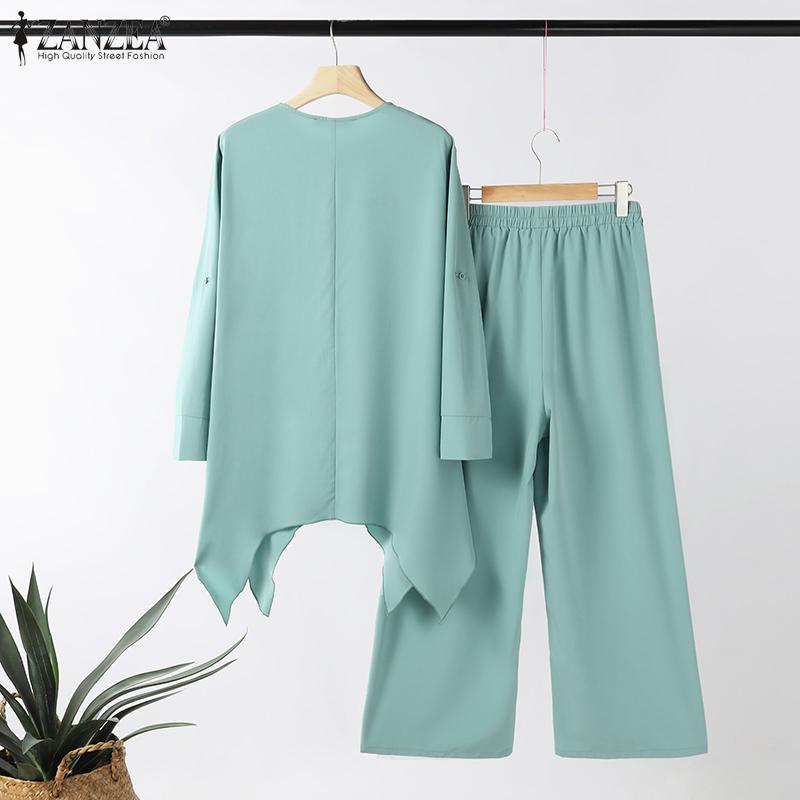 ZANZEA Women Long Sleeve Irregular Blouse and Pants Casual Two Piece Suit Sets