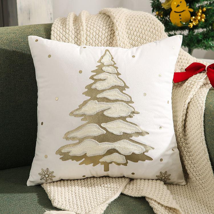 Reindeer Christmas Tree Gold Foil Printed Autumn Winter Pillow Cover Snowflake Embroidered Cushion Cover