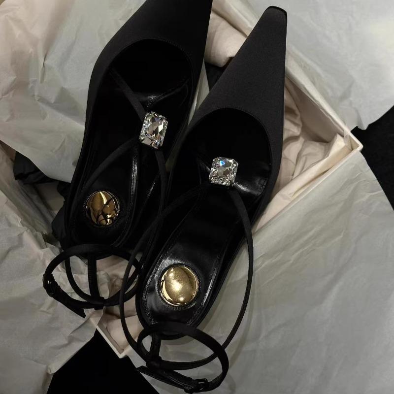 High Heels New Spring Temperament Small Square Toe Crystal Buckle Straight Strap Stiletto Wrapped Head Sandals