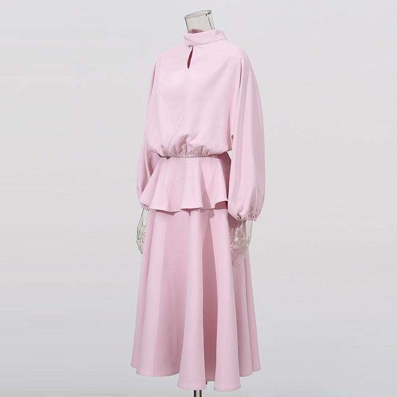 Fashion Brand Suit Pink Loose Long-sleeved Top + Ruffled Skirt Two-piece Set