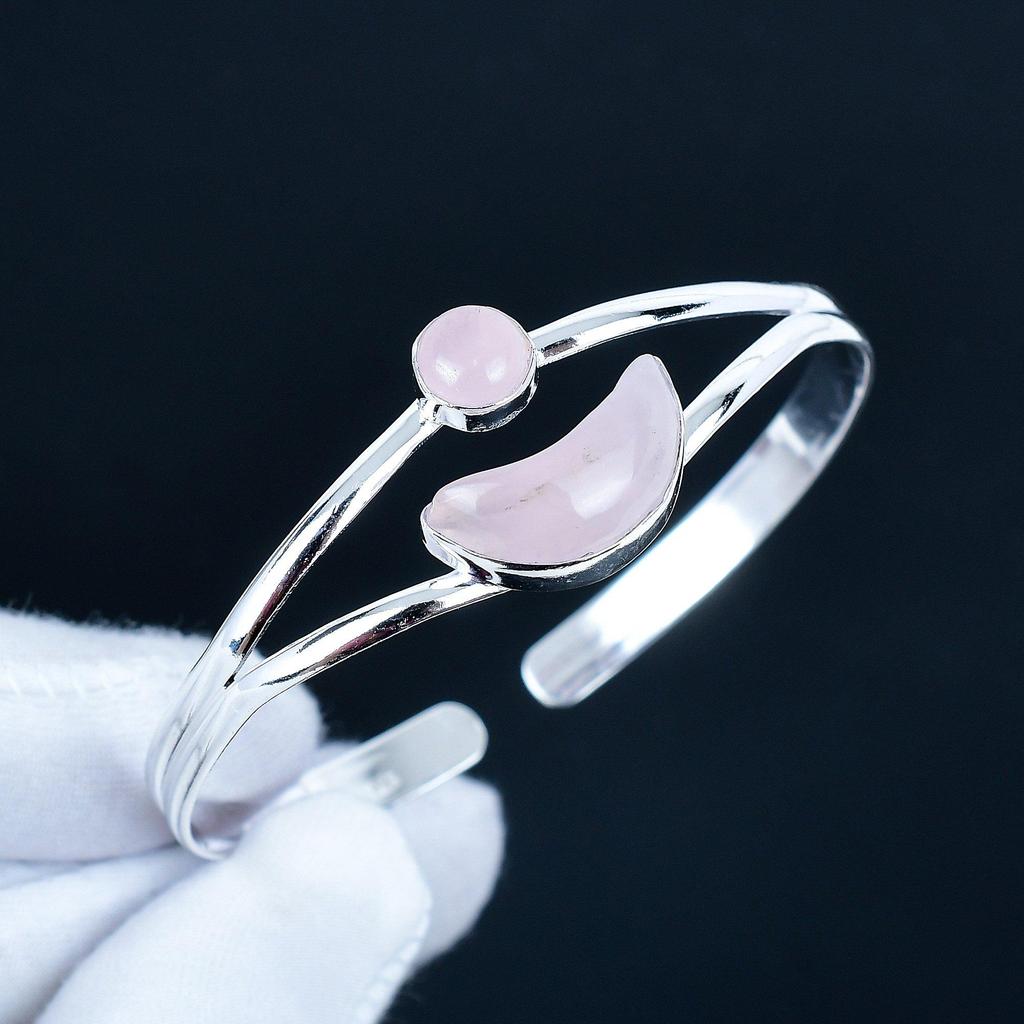 Natural Rose Quartz Gemstone Handmade Cuff Bangle 925 Sterling Silver Cuff Bangle, Rose Quartz Bracelet For Wife, Unisex Bangle, Gift For Love