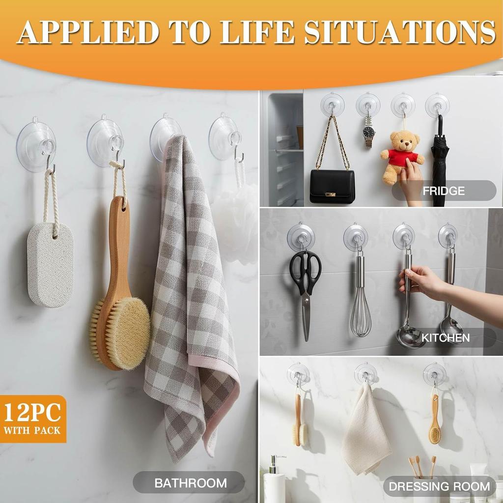 Suction Cup Hooks 12Pcs, 1.77Inch Clear Medium No Trace Suction Cups Removable with Stainless Steel Hook, for Tile, Glass, Window, Shower, Kitchen,