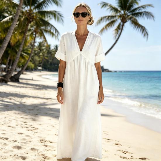 Sommer Baumwoll-Leinen Maxikleid für Damen Lässiges V-Ausschnitt Kurzarm A-Linien Kleid Strandurlaub Fließendes Sommerkleid mit Taschen