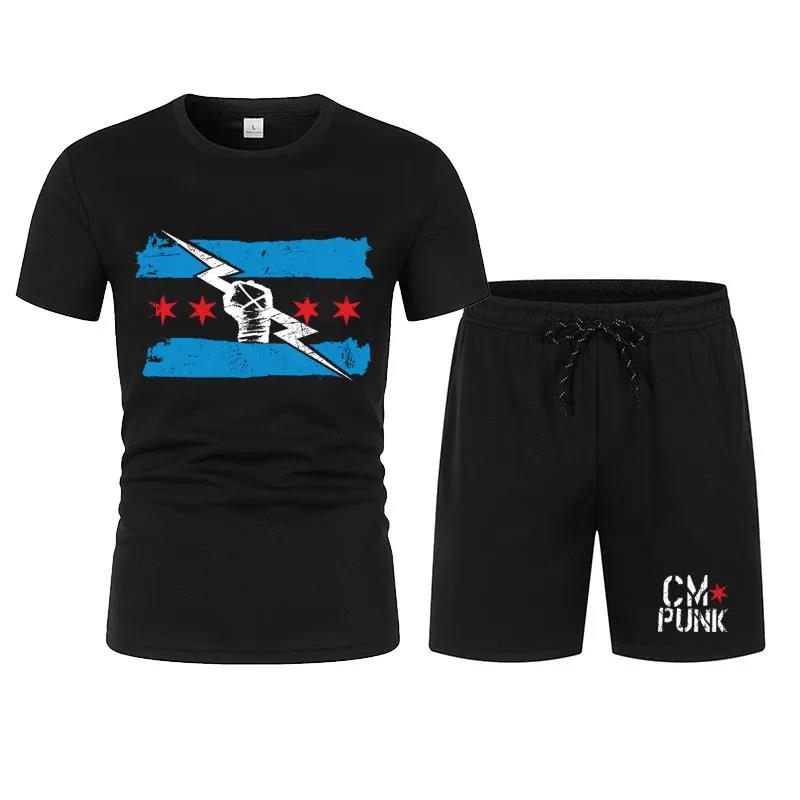 Herren Schwarz Return of CM Punk T-Shirt Shorts Set Sommer Kurzarm Mann Übergroße Anzüge 2024 Neue Mode Bekleidungssets