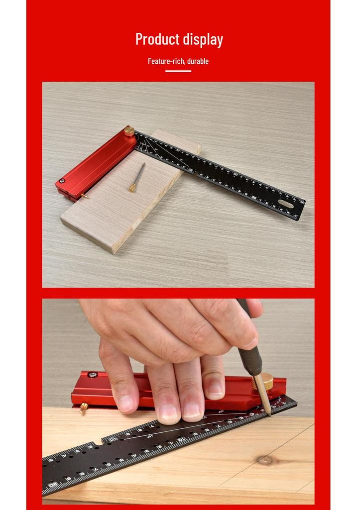 Foldable Multifunction Right Angle Woodworking Ruler with Corner Support and Hole Marking.