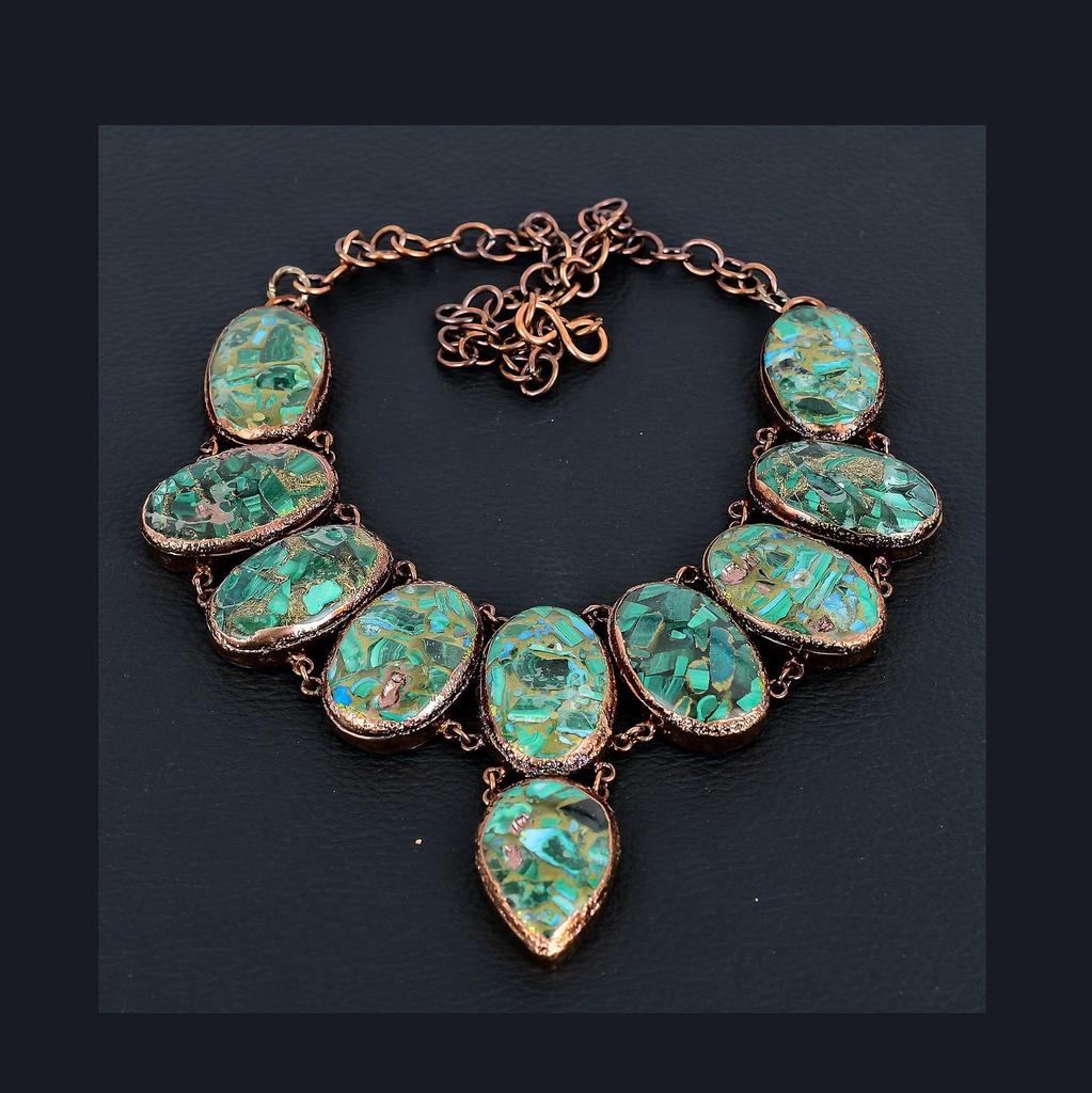 Copper Malachite Azurite Necklace Gemstone Jewelry, Copper Electroformed Necklace, Adjustable Handmade Chain Necklace Gift For Wife Jewelry