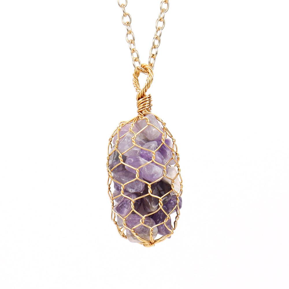 Natural Colorful Crystal Gravel Amethyst Copper Wire Hand-Woven Mesh Pocket Pendant Necklace N657