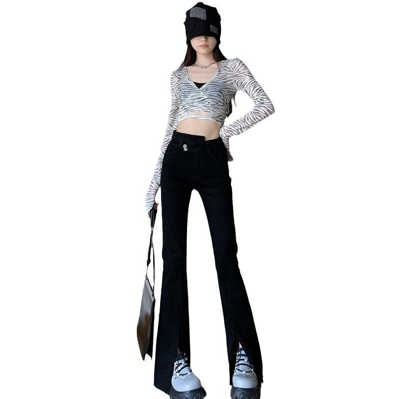 Flared Pants Women's Autumn and Winter Split Trousers Tassel High Waist Elastic Micro-flared Jeans Women's Autumn and Winter