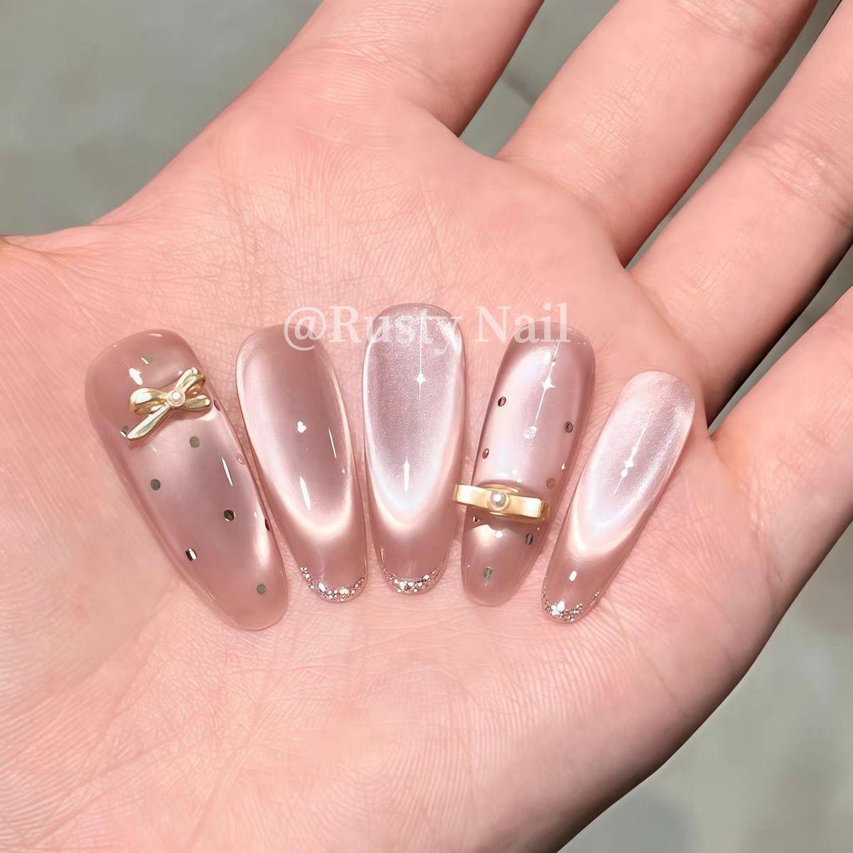 Golden Powder Girl: Handmade Polka Dot Cat Eye Bowknot Nail Art Stickers Extra Small