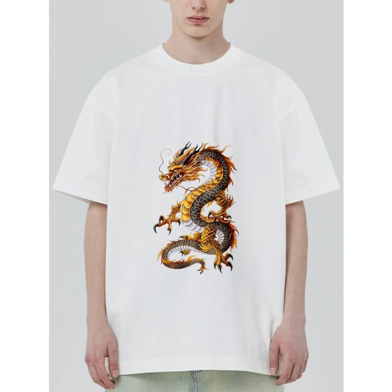 Dragon Print T Shirt Black Golden Dragon Design for Casual Wear