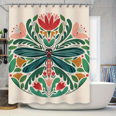 Vintage Botanischer Duschvorhang Grün Libelle Blumenmuster Badezimmerdeko, Rosa Rot Weiß Bunter Druck Wasserdichter Stoff,