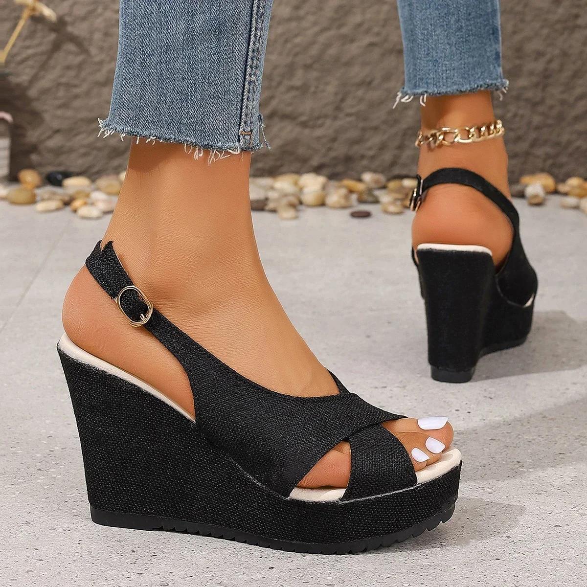 

2024 NEW Shoes for Women Ankle Buckle Wedges Sandales Femmes Summer Denim Sandal Comfortable Thick Sole Sandalias Heels Women 43 35 чорний