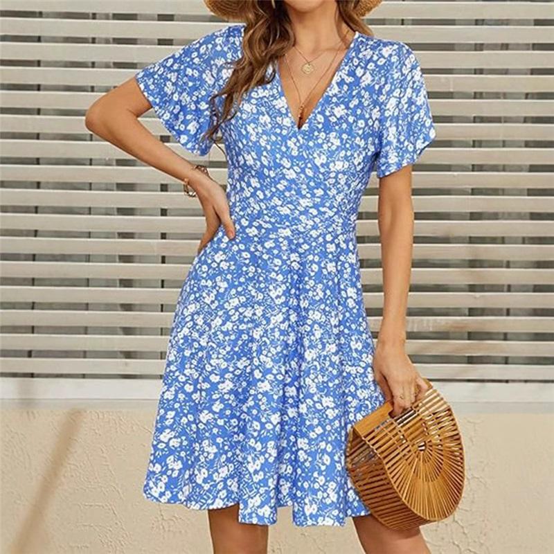 Europäische Und Amerikanische Neue Damen Sonnenrock Sommer Blumen Kurzarm Wickel V-Ausschnitt Taille Bedrucktes Kleid