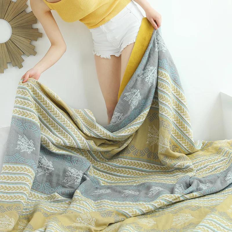 Pătură de bumbac cu dungi geometrice japoneze, un singur tifon dublu de vară, pilota rece, pătură moale, pentru cămin, decor boho