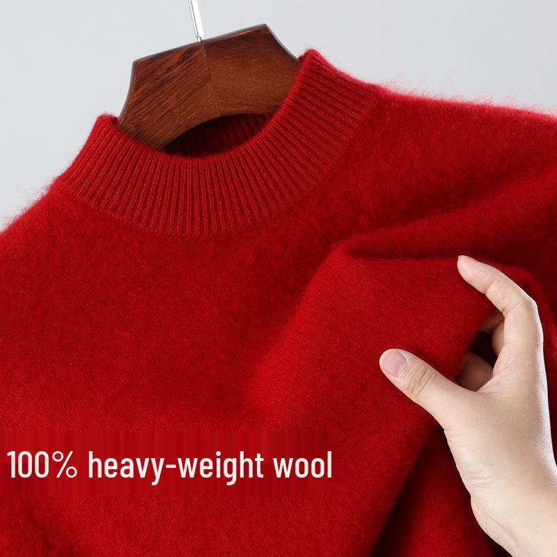 Men's 100% Wool Round Neck Loose Casual Sweater - Thickened Long Sleeve Knitwear