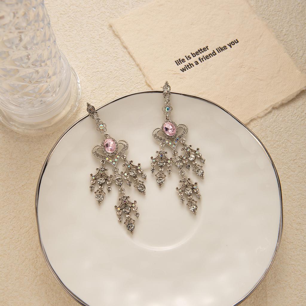 Super Fairy Pink Diamond-Encrusted Love Water Drop Earrings, Retro Baroque Long Sweet Fringed Temperament Earrings