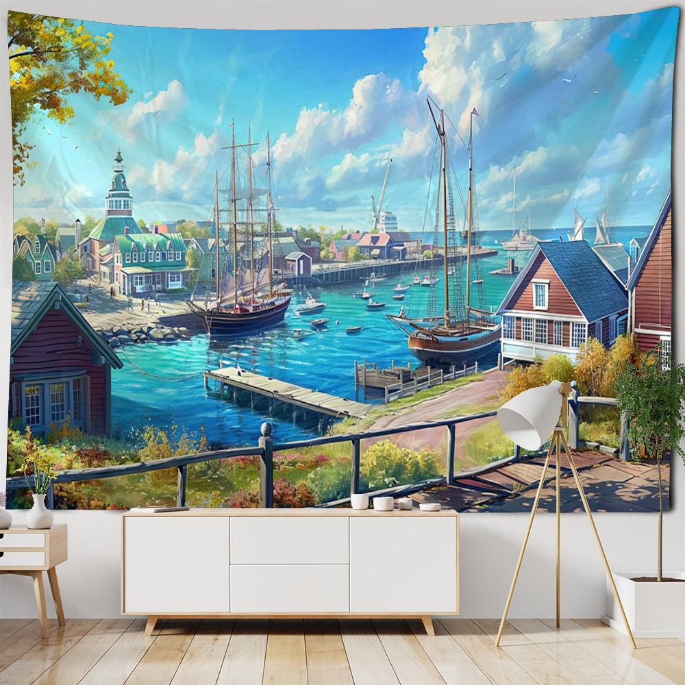 Sea View Oil Painting Printed Tapestry Wall Hanging Living Room Bedroom Wall Decoration Outdoor Picnic Bed Sheets Beach Mats