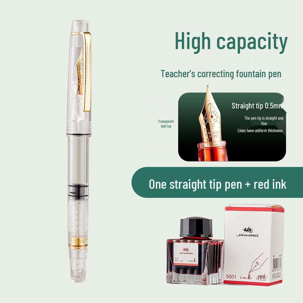 Teacher Correction Fountain Pen with Red Ink - Large Capacity Bent Nib for Grading