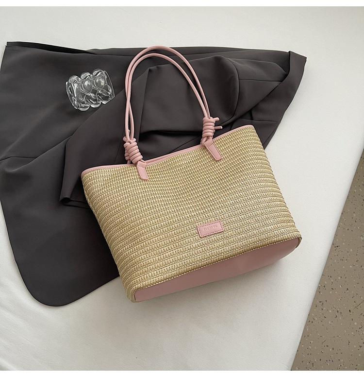 

Летняя простая и универсальная пляжная сумка оптом, повседневная сумка через плечо, плетеная сумка-тоут из соломы премиальной текстуры розовый